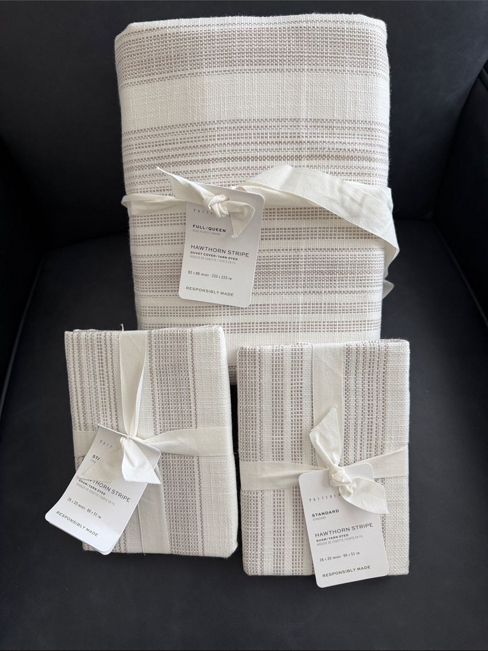 NWT Pottery Barn Full/Queen Hawthorn Stripe Bedding Set in Cream and Taupe